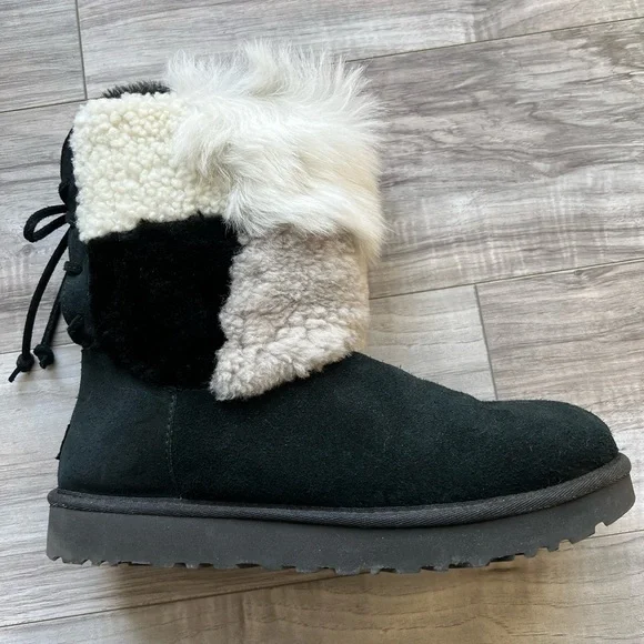 Ugg Boots Patchwork fluff white beige black shoe 10 shearling - Picture 6 of 13